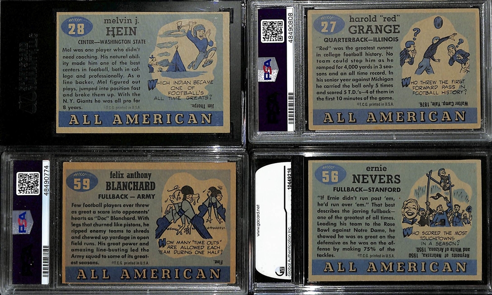 Lot of (4) 1955 Topps All American Graded Hall of Fame Rookie Cards- Mel Hein (SGC 6.5), Red Grange (PSA 3), Doc Blanchard (PSA 5), Ernie Nevers (GAI 4)