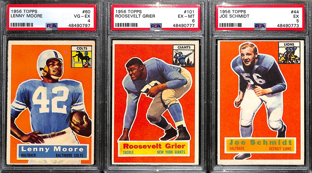 Lot of (3) 1956 Topps PSA Graded Hall of Fame Rookies inc. Lenny Moore (PSA 4), Roosevelt Grier (PSA 6), Joe Schmidt (PSA 5)