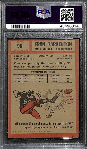 1962 Topps Fran Tarkenton (HOF) Rookie Card Graded PSA 4