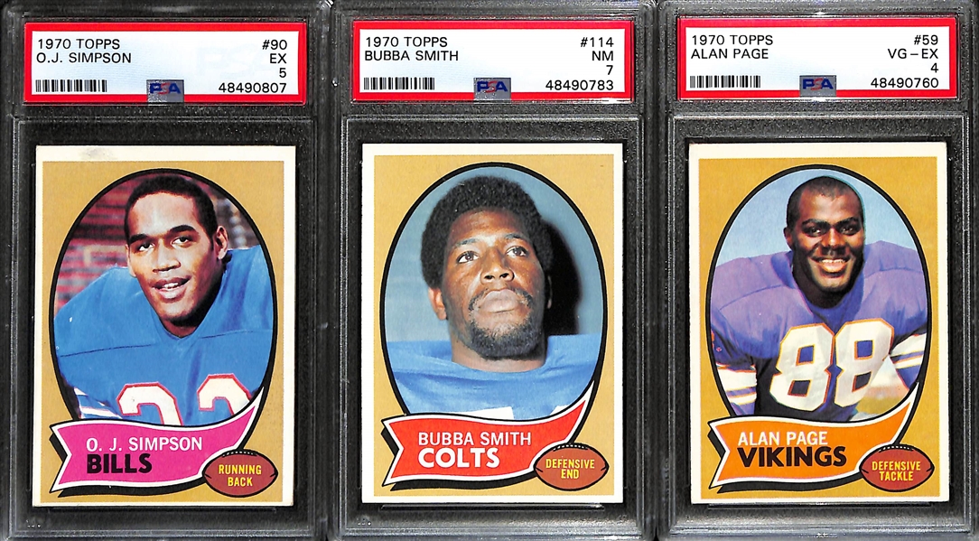 Lot of (3) 1970s Topps PSA Graded Hall of Fame Rookies inc. OJ Simpson (PSA 5), Bubba Smith (PSA 7), Alan Page (PSA 4)