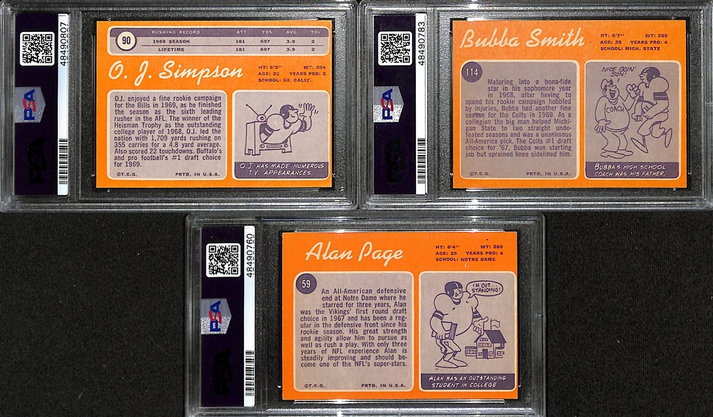 Lot of (3) 1970s Topps PSA Graded Hall of Fame Rookies inc. OJ Simpson (PSA 5), Bubba Smith (PSA 7), Alan Page (PSA 4)