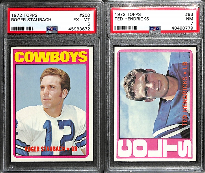 Lot of (2) 1972 Topps PSA Graded Hall of Fame Rookies inc. Roger Staubach (PSA 6), Ted Hendricks (PSA 7)