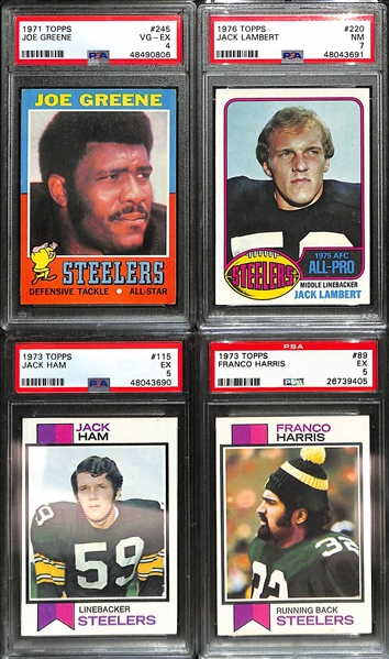 Lot of (4) 1970s Topps PSA Graded Hall of Fame Steelers Rookies inc. 1971 Joe Greene (PSA 4), 1976 Jack Lambert (PSA 7), 1973 Jack Ham (PSA 5), 1973 Franco Harris (PSA 5)