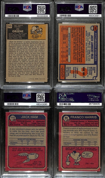 Lot of (4) 1970s Topps PSA Graded Hall of Fame Steelers Rookies inc. 1971 Joe Greene (PSA 4), 1976 Jack Lambert (PSA 7), 1973 Jack Ham (PSA 5), 1973 Franco Harris (PSA 5)