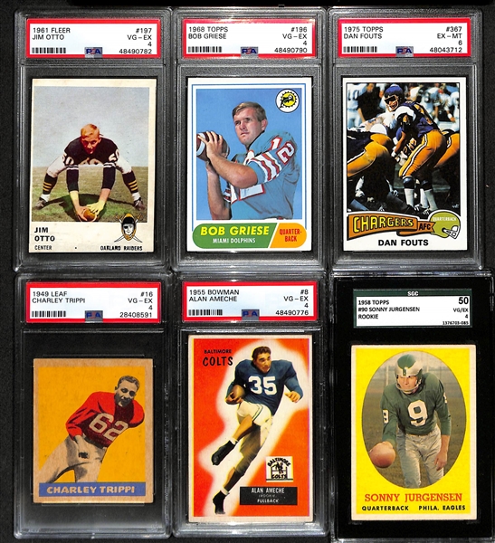 Lot of (6) PSA Graded Vintage Football Hall of Fame Cards w/ Mostly Rookies inc. 1961 Fleer Jim Otto Rookie (PSA 4), 1968 Topps Bob Griese Rookie (PSA 4), 1976 Topps Dan Fouts Rookie (PSA 6),  