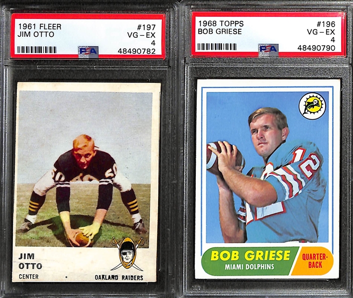 Lot of (6) PSA Graded Vintage Football Hall of Fame Cards w/ Mostly Rookies inc. 1961 Fleer Jim Otto Rookie (PSA 4), 1968 Topps Bob Griese Rookie (PSA 4), 1976 Topps Dan Fouts Rookie (PSA 6),  