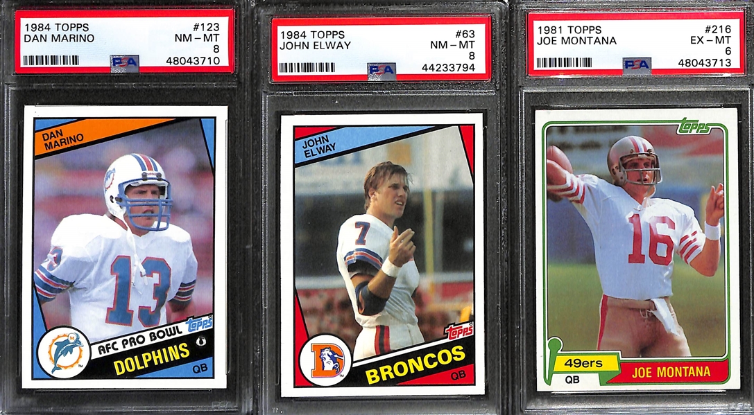 Lot of (3) Early 1980s Topps PSA Graded Hall of Fame Quarterback Rookies inc. 1984 Dan Marino (PSA 8), 1984 john Elway (PSA 8), 1981 Joe Montana (PSA 6)