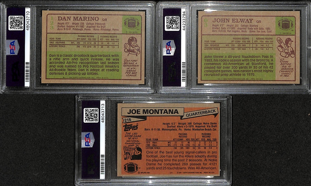 Lot of (3) Early 1980s Topps PSA Graded Hall of Fame Quarterback Rookies inc. 1984 Dan Marino (PSA 8), 1984 john Elway (PSA 8), 1981 Joe Montana (PSA 6)