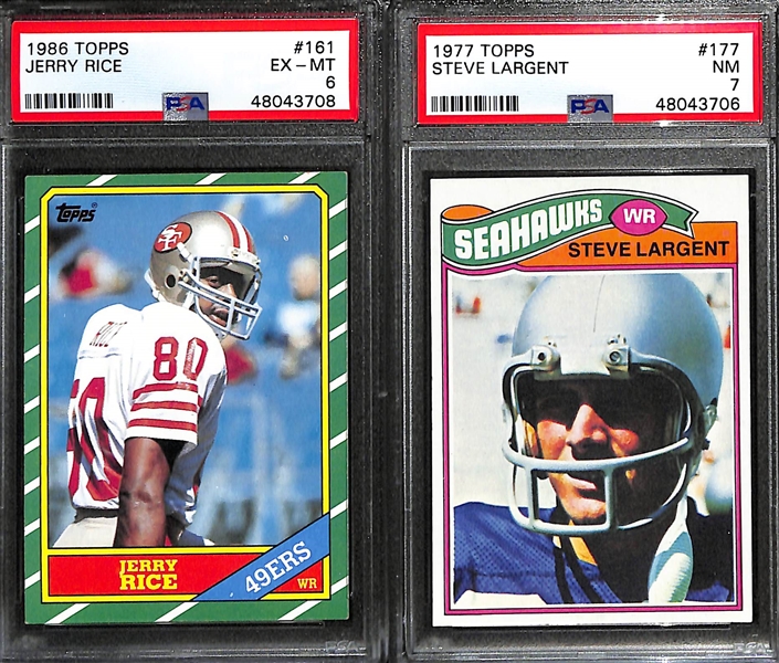 Lot of (2) PSA Graded Vintage Topps Hall of Fame Wide Receiver Rookies inc. 1986 Jerry Rice (PSA 6), 1977 Steve Largent (PSA 7)