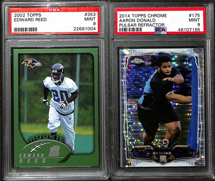 Lot of (7) PSA Graded Hall of Fame and Star Football Cards w/ Mostly Rookies inc. 1985 Topps USFL Reggie White (PSA 9), 2002 Topps Ed Reed Rookie (PSA 9), 2014 Topps Chrome Aaron Donald Pulsar...