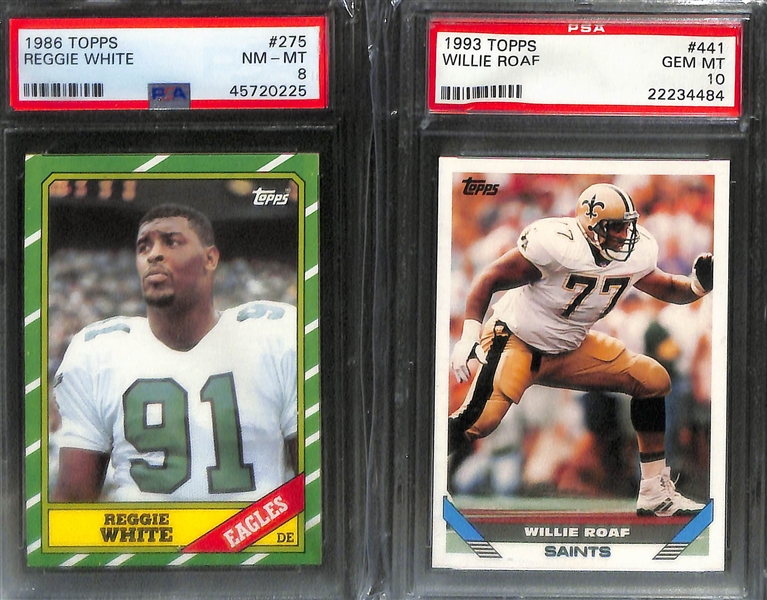 Lot of (7) PSA Graded Hall of Fame and Star Football Cards w/ Mostly Rookies inc. 1985 Topps USFL Reggie White (PSA 9), 2002 Topps Ed Reed Rookie (PSA 9), 2014 Topps Chrome Aaron Donald Pulsar...