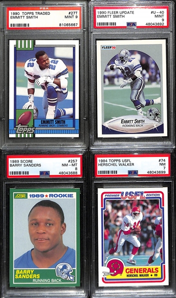 Lot of (4) PSA Graded Hall of Fame Running Back Rookie Cards inc. 1990 Topps Traded Emmitt Smith (PSA 9), 1990 Fleer Update Emmitt Smith (PSA 9), 1989 Score Barry Sanders (PSA 8), 1984 Topps USFL...