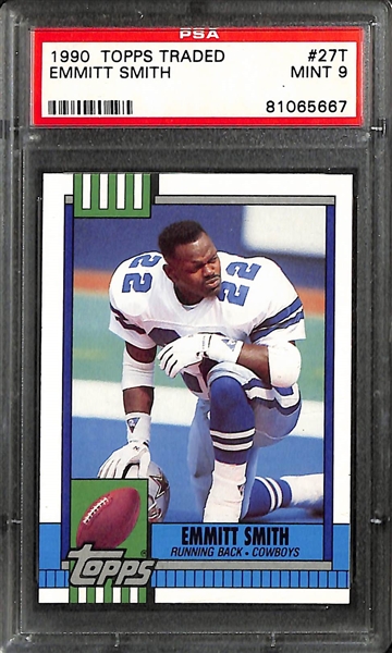 Lot of (4) PSA Graded Hall of Fame Running Back Rookie Cards inc. 1990 Topps Traded Emmitt Smith (PSA 9), 1990 Fleer Update Emmitt Smith (PSA 9), 1989 Score Barry Sanders (PSA 8), 1984 Topps USFL...