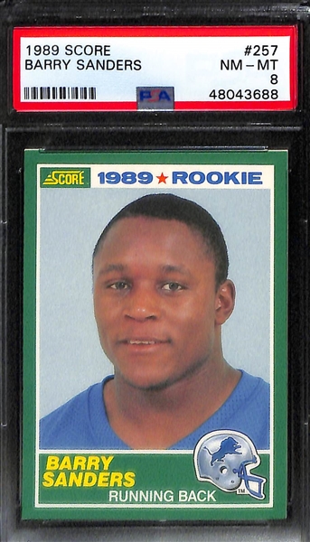 Lot of (4) PSA Graded Hall of Fame Running Back Rookie Cards inc. 1990 Topps Traded Emmitt Smith (PSA 9), 1990 Fleer Update Emmitt Smith (PSA 9), 1989 Score Barry Sanders (PSA 8), 1984 Topps USFL...