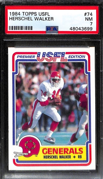 Lot of (4) PSA Graded Hall of Fame Running Back Rookie Cards inc. 1990 Topps Traded Emmitt Smith (PSA 9), 1990 Fleer Update Emmitt Smith (PSA 9), 1989 Score Barry Sanders (PSA 8), 1984 Topps USFL...