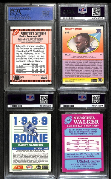 Lot of (4) PSA Graded Hall of Fame Running Back Rookie Cards inc. 1990 Topps Traded Emmitt Smith (PSA 9), 1990 Fleer Update Emmitt Smith (PSA 9), 1989 Score Barry Sanders (PSA 8), 1984 Topps USFL...