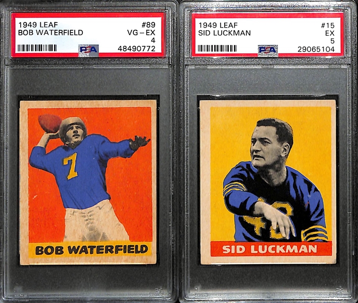 Lot of (2) 1949 Leaf PSA Graded Hall of Famers inc. Bob Waterfield (PSA 4), Sid Luckman (PSA 5)