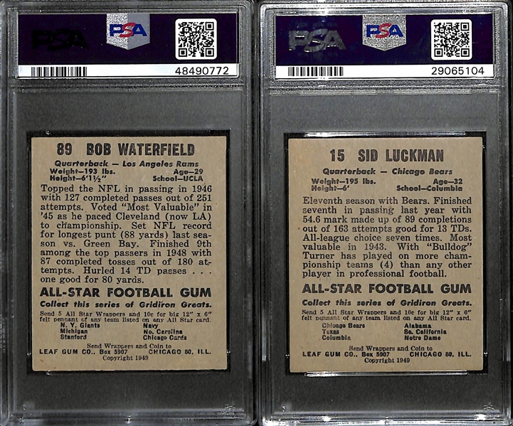 Lot of (2) 1949 Leaf PSA Graded Hall of Famers inc. Bob Waterfield (PSA 4), Sid Luckman (PSA 5)