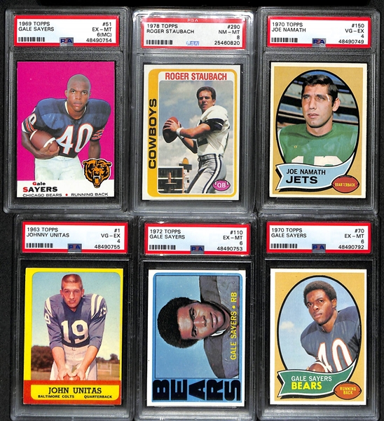 Lot of (6) Vintage Topps PSA Graded Hall of Fame Cards inc. 1969 Topps Gale Sayers (PSA 6 MC), 1978 Topps Roger Staubach (PSA 8), 1970 Topps Joe Namath (PSA 4), +