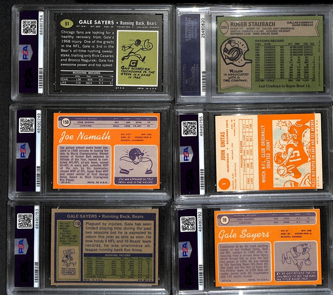 Lot of (6) Vintage Topps PSA Graded Hall of Fame Cards inc. 1969 Topps Gale Sayers (PSA 6 MC), 1978 Topps Roger Staubach (PSA 8), 1970 Topps Joe Namath (PSA 4), +