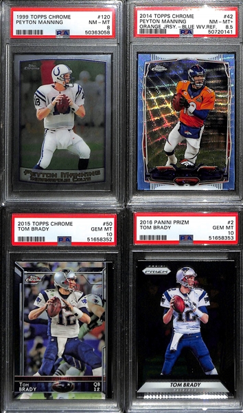 Lot of (4) Modern PSA Graded Peyton Manning and Tom Brady Cards inc. 2016 Prizm Tom Brady (PSA 10), 2015 Topps Chrome Tom Brady (PSA 10), 2014 Topps Chrome Peyton Manning Blue Wave (PSA 8.5), 1999...