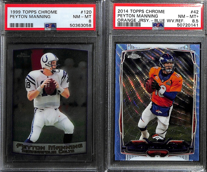 Lot of (4) Modern PSA Graded Peyton Manning and Tom Brady Cards inc. 2016 Prizm Tom Brady (PSA 10), 2015 Topps Chrome Tom Brady (PSA 10), 2014 Topps Chrome Peyton Manning Blue Wave (PSA 8.5), 1999...