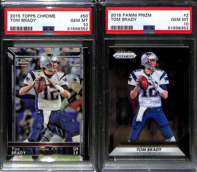 Lot of (4) Modern PSA Graded Peyton Manning and Tom Brady Cards inc. 2016 Prizm Tom Brady (PSA 10), 2015 Topps Chrome Tom Brady (PSA 10), 2014 Topps Chrome Peyton Manning Blue Wave (PSA 8.5), 1999...