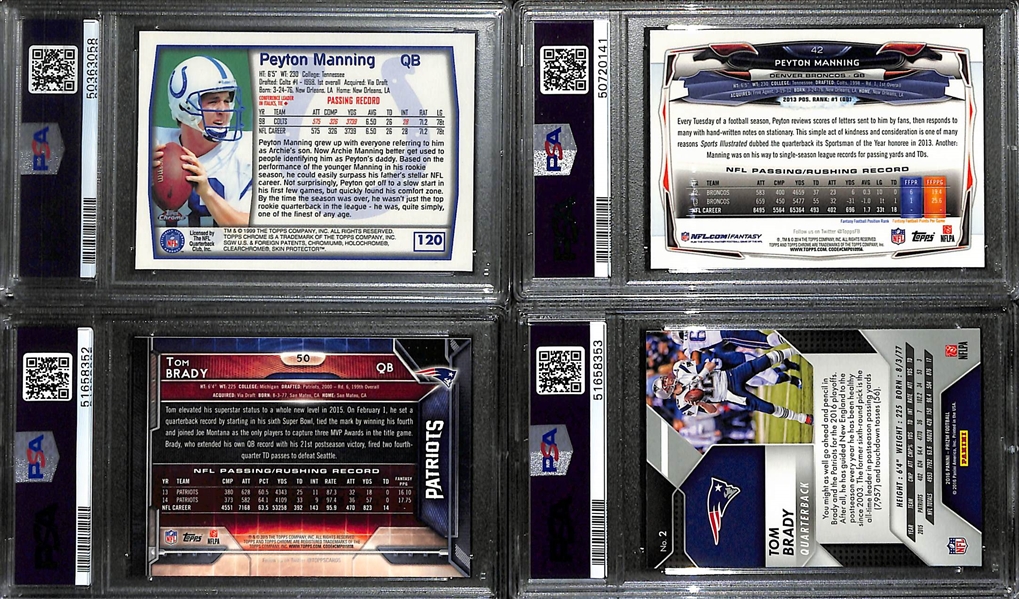 Lot of (4) Modern PSA Graded Peyton Manning and Tom Brady Cards inc. 2016 Prizm Tom Brady (PSA 10), 2015 Topps Chrome Tom Brady (PSA 10), 2014 Topps Chrome Peyton Manning Blue Wave (PSA 8.5), 1999...