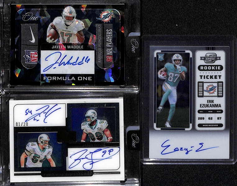 Lot of (3) Miami Dolphins Autograph Cards inc. 2022 Panini One Jaylen Waddle Formula One Tag Patch Black Ice (#/5), 2022 Panini One Zach Thomas/Jason Taylor Dual Plus One Signatures (#/20), 2022...