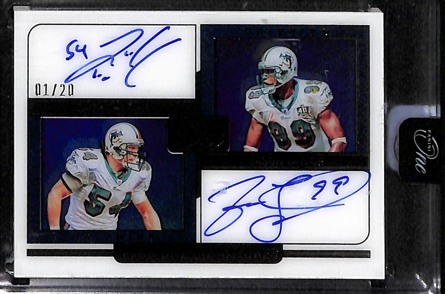 Lot of (3) Miami Dolphins Autograph Cards inc. 2022 Panini One Jaylen Waddle Formula One Tag Patch Black Ice (#/5), 2022 Panini One Zach Thomas/Jason Taylor Dual Plus One Signatures (#/20), 2022...