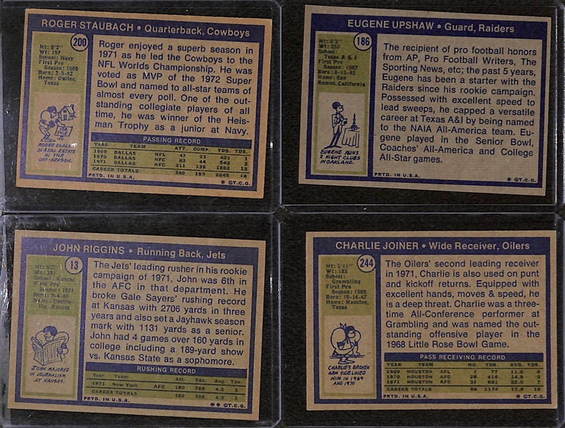 Lot of (4) 1972 Topps Football Rookie Cards - Staubach, Riggins, Upshaw, & Joiner