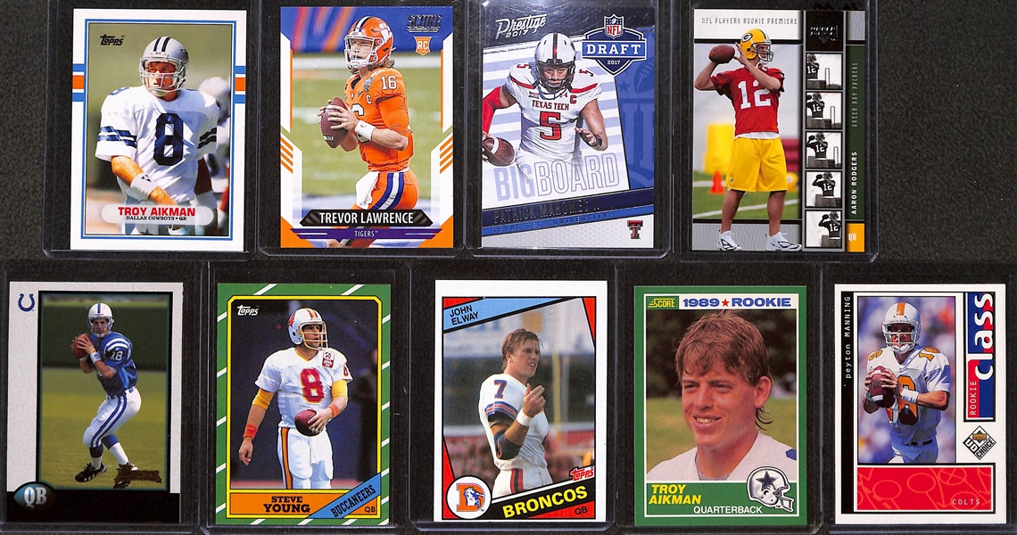 Lot of (29) 1981-2022 Football Quarterback Rookie Cards w. 2017 Prestige Patrick Mahomes & 2005 UD Aaron Rodgers