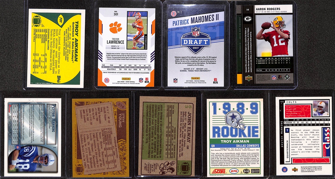 Lot of (29) 1981-2022 Football Quarterback Rookie Cards w. 2017 Prestige Patrick Mahomes & 2005 UD Aaron Rodgers