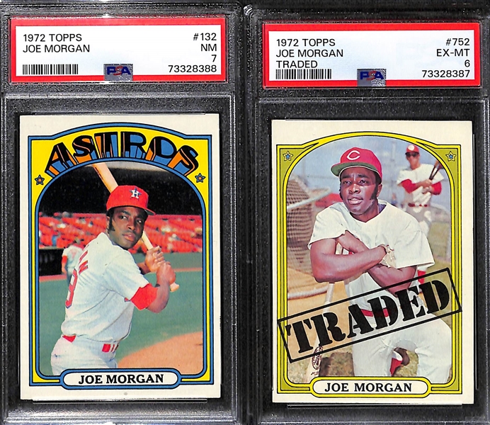 Lot of (5) 1972 Topps Baseball PSA Graded Hall of Fame Cards inc. Nolan Ryan #595 (PSA 6), Joe Morgan #132 (PSA 7), Joe Morgan Traded #752 (PSA 6), Steve Carlton Traded #751 (PSA 5), Willie Mays...