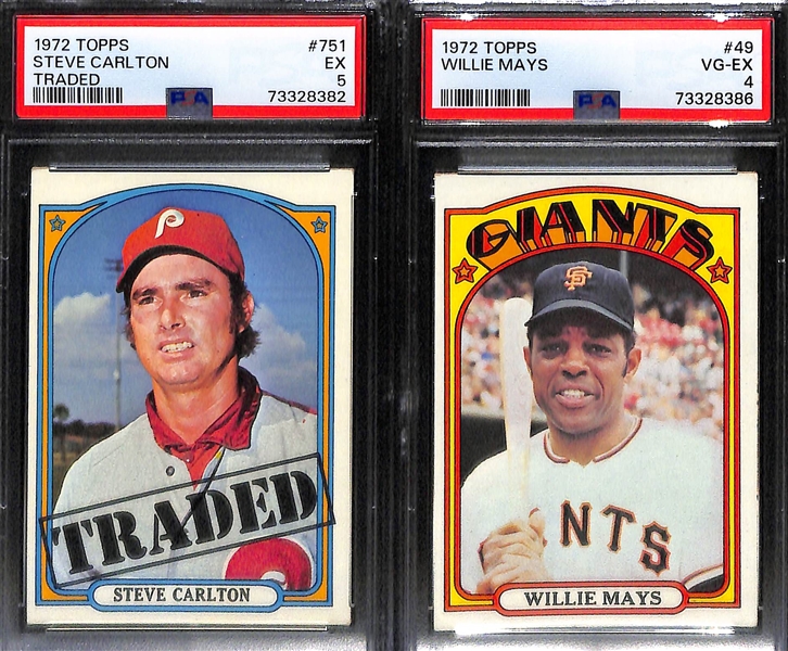 Lot of (5) 1972 Topps Baseball PSA Graded Hall of Fame Cards inc. Nolan Ryan #595 (PSA 6), Joe Morgan #132 (PSA 7), Joe Morgan Traded #752 (PSA 6), Steve Carlton Traded #751 (PSA 5), Willie Mays...