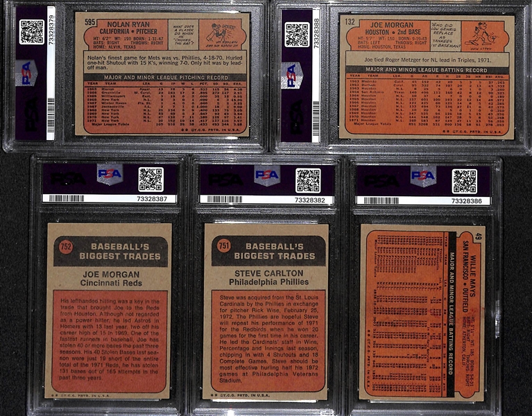 Lot of (5) 1972 Topps Baseball PSA Graded Hall of Fame Cards inc. Nolan Ryan #595 (PSA 6), Joe Morgan #132 (PSA 7), Joe Morgan Traded #752 (PSA 6), Steve Carlton Traded #751 (PSA 5), Willie Mays...