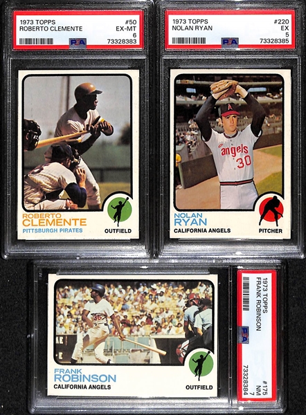 Lot of (3) 1973 Topps Baseball PSA Graded Hall of Fame Cards inc. Roberto Clemente #50 (PSA 6), Nolan Ryan #220 (PSA 5), Frank Robinson #175 (PSA 7)