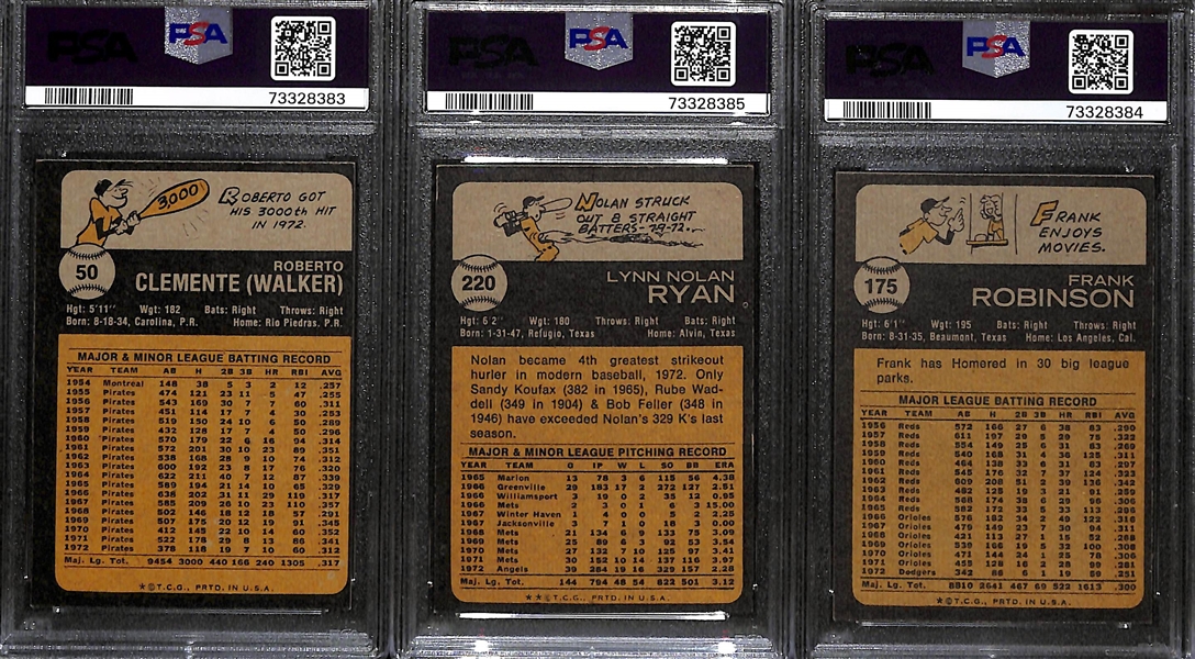 Lot of (3) 1973 Topps Baseball PSA Graded Hall of Fame Cards inc. Roberto Clemente #50 (PSA 6), Nolan Ryan #220 (PSA 5), Frank Robinson #175 (PSA 7)