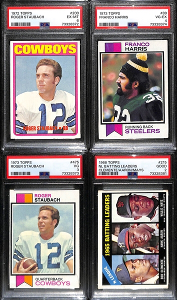 Lot of (4) 1970s Topps PSA Graded Football and Baseball Hall of Fame Cards inc. 1972 Roger Staubach Rookie #200 (PSA 6), 1973 Franco Harris Rookie #89 (PSA 4), 1973 Roger Staubach #475 (PSA 3),...