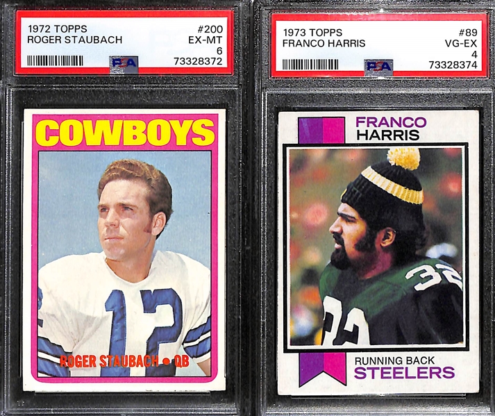 Lot of (4) 1970s Topps PSA Graded Football and Baseball Hall of Fame Cards inc. 1972 Roger Staubach Rookie #200 (PSA 6), 1973 Franco Harris Rookie #89 (PSA 4), 1973 Roger Staubach #475 (PSA 3),...