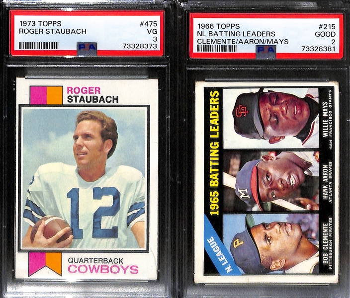 Lot of (4) 1970s Topps PSA Graded Football and Baseball Hall of Fame Cards inc. 1972 Roger Staubach Rookie #200 (PSA 6), 1973 Franco Harris Rookie #89 (PSA 4), 1973 Roger Staubach #475 (PSA 3),...