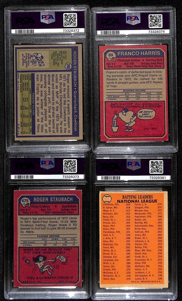 Lot of (4) 1970s Topps PSA Graded Football and Baseball Hall of Fame Cards inc. 1972 Roger Staubach Rookie #200 (PSA 6), 1973 Franco Harris Rookie #89 (PSA 4), 1973 Roger Staubach #475 (PSA 3),...