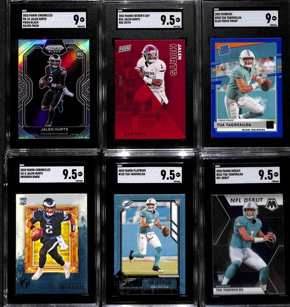 Lot of (6) Jalen Hurts and Tua Tagovailoa SGC Graded Rookies and Serial Numbered Cards inc. Chronicles Prizm Black Jalen Hurts Silver Rookie (SGC 9), Father's Day Jalen Hurts Red (#/99) (SGC 9.5),...