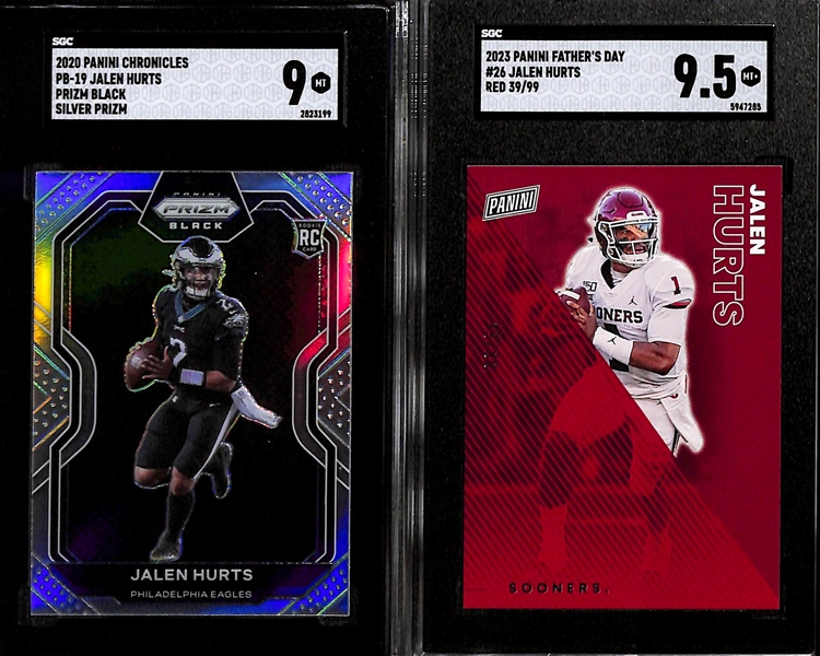 Lot of (6) Jalen Hurts and Tua Tagovailoa SGC Graded Rookies and Serial Numbered Cards inc. Chronicles Prizm Black Jalen Hurts Silver Rookie (SGC 9), Father's Day Jalen Hurts Red (#/99) (SGC 9.5),...