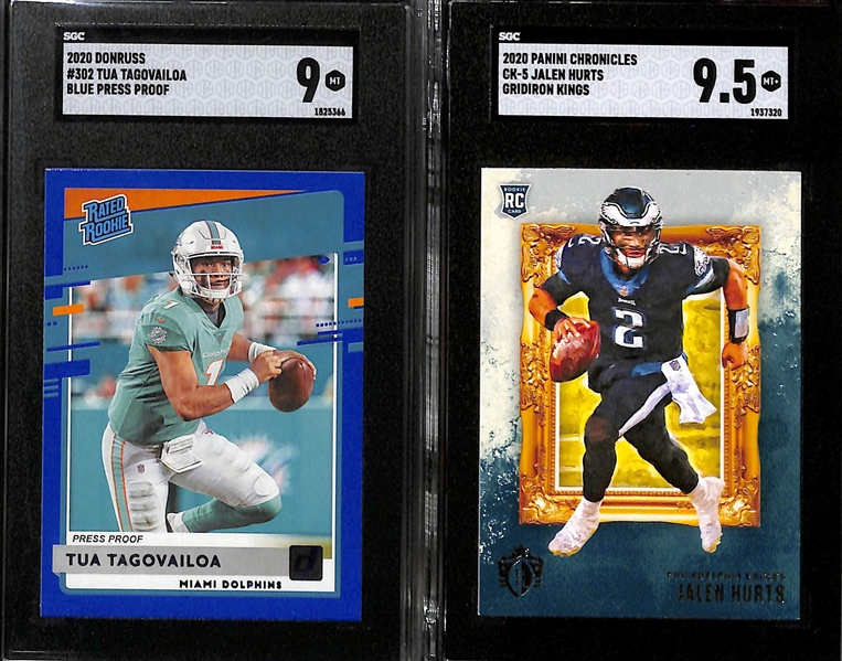 Lot of (6) Jalen Hurts and Tua Tagovailoa SGC Graded Rookies and Serial Numbered Cards inc. Chronicles Prizm Black Jalen Hurts Silver Rookie (SGC 9), Father's Day Jalen Hurts Red (#/99) (SGC 9.5),...