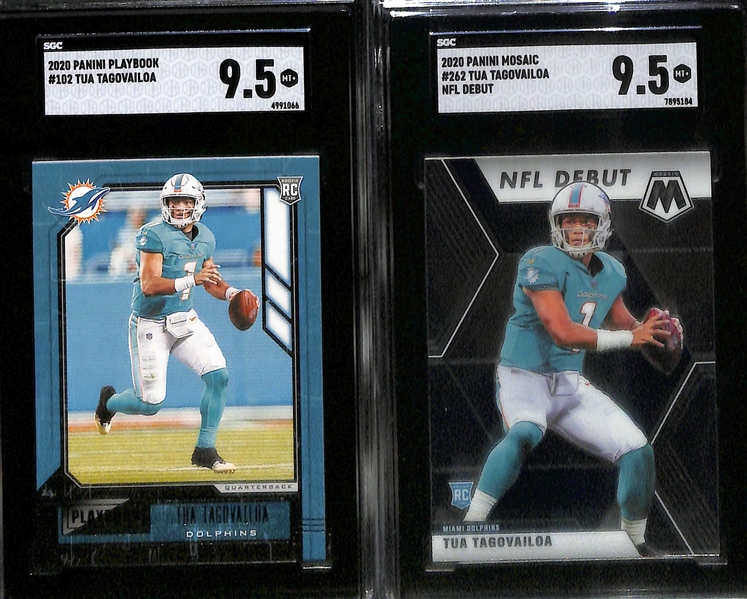 Lot of (6) Jalen Hurts and Tua Tagovailoa SGC Graded Rookies and Serial Numbered Cards inc. Chronicles Prizm Black Jalen Hurts Silver Rookie (SGC 9), Father's Day Jalen Hurts Red (#/99) (SGC 9.5),...