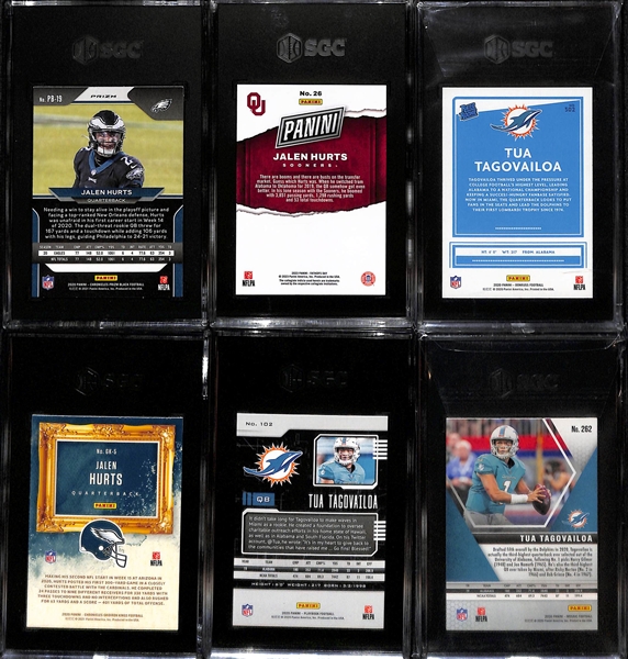 Lot of (6) Jalen Hurts and Tua Tagovailoa SGC Graded Rookies and Serial Numbered Cards inc. Chronicles Prizm Black Jalen Hurts Silver Rookie (SGC 9), Father's Day Jalen Hurts Red (#/99) (SGC 9.5),...