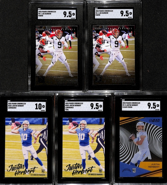 Lot of (5) 2020 Chronicles Joe Burrow and Justin Herbert SGC Graded Rookie Cards inc. (2) Panini Joe Burrow (SGC 9.5), Clear Vision Justin Herbert (SGC 9.5), Luminance Teal Justin Herbert (SGC...