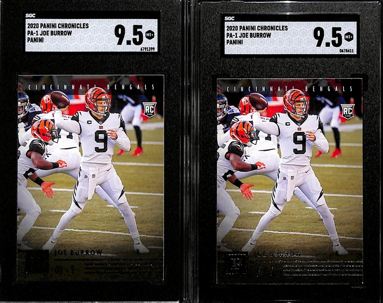 Lot of (5) 2020 Chronicles Joe Burrow and Justin Herbert SGC Graded Rookie Cards inc. (2) Panini Joe Burrow (SGC 9.5), Clear Vision Justin Herbert (SGC 9.5), Luminance Teal Justin Herbert (SGC...