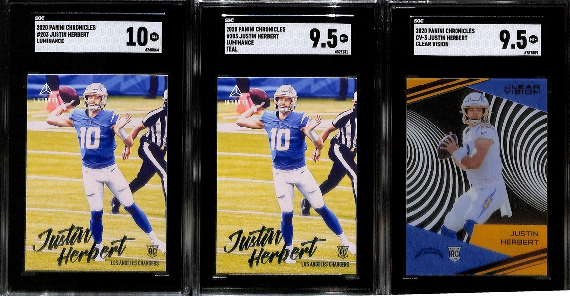 Lot of (5) 2020 Chronicles Joe Burrow and Justin Herbert SGC Graded Rookie Cards inc. (2) Panini Joe Burrow (SGC 9.5), Clear Vision Justin Herbert (SGC 9.5), Luminance Teal Justin Herbert (SGC...